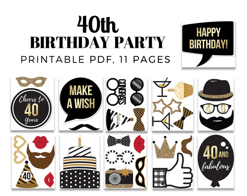 40th Birthday Photo Booth Props. Printable Black and Gold photo props ...