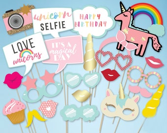 Accesorios de unicornio para fotomatón: arcoíris y purpurina dorada (descarga en PDF)