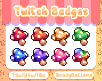 8 Magic Mushroom Cottagecore Twitch Odznaki / Natychmiastowe pobieranie, RPG słodkie domek forage pixel odznaki