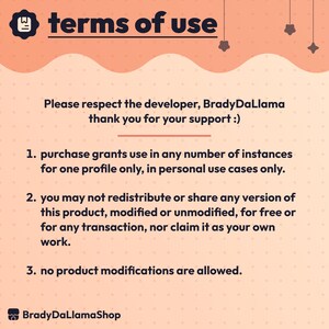 May include: A digital document with the text "terms of use" in bold black font. The document outlines usage terms, including personal use only, and restrictions on redistribution. The background is a light peach color with decorative elements.