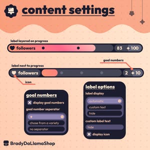 May include: A digital graphic showing content settings with progress bars, labels, and options. The bars display follower counts, with options for goal numbers, separators, and label display. The text includes "followers," "goal numbers," and "label options."