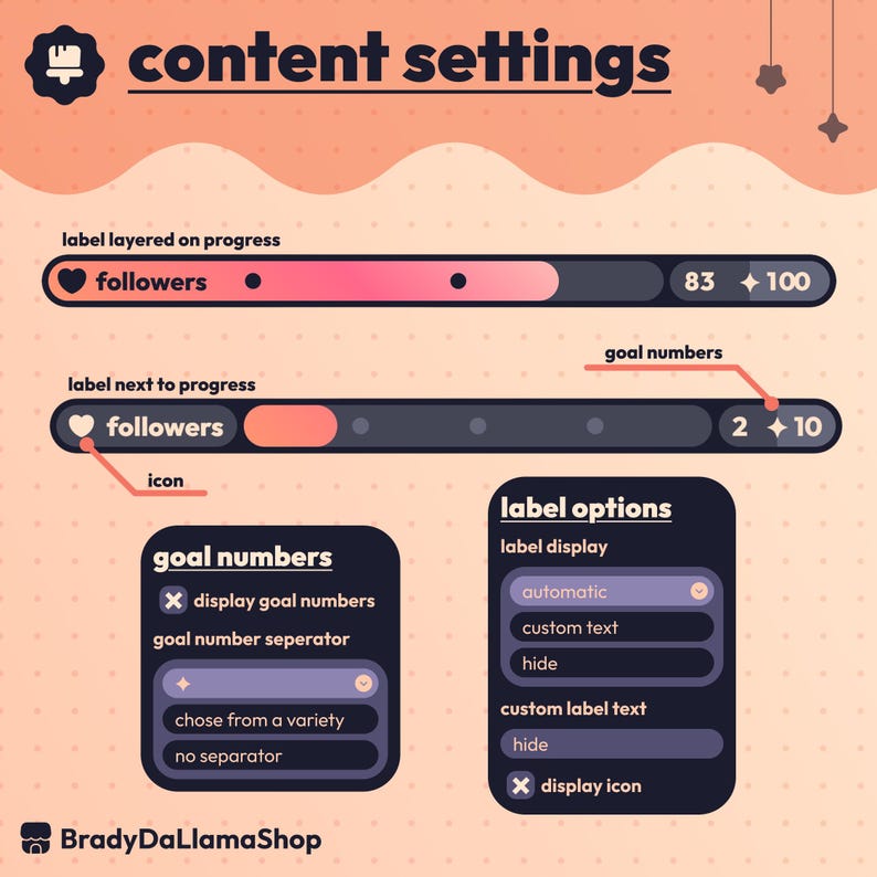 May include: A digital graphic showing content settings with progress bars, labels, and options. The bars display follower counts, with options for goal numbers, separators, and label display. The text includes "followers," "goal numbers," and "label options."