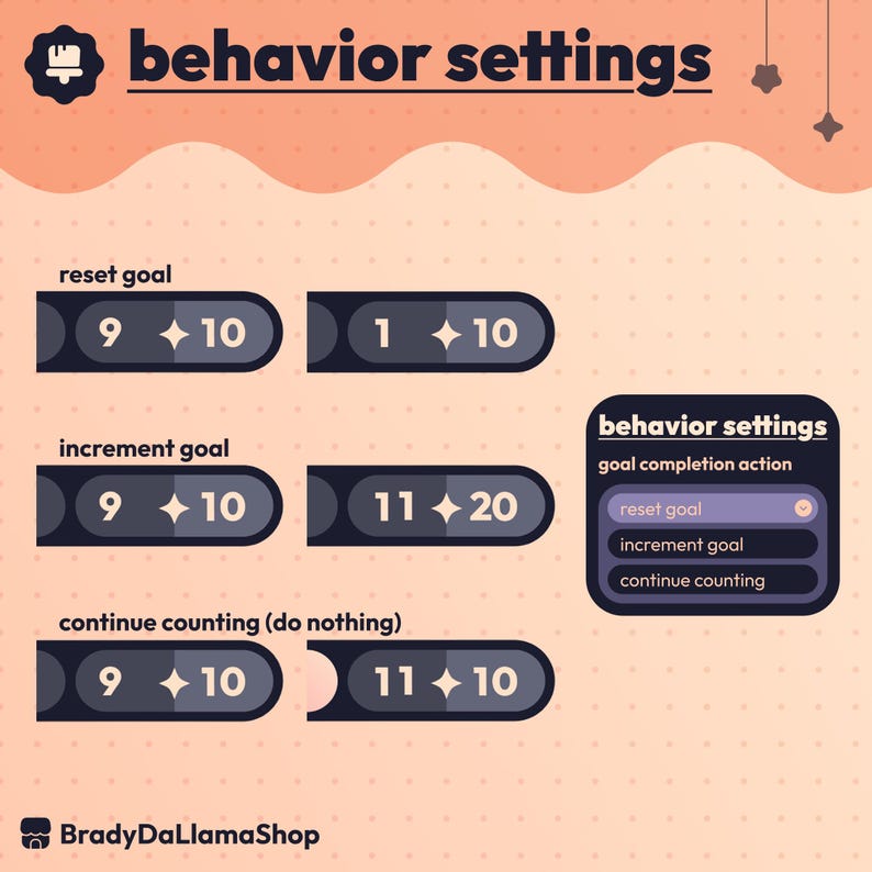 May include: A graphic with the text "behavior settings" and options for "reset goal", "increment goal", and "continue counting". The image includes numerical examples and a shop logo.