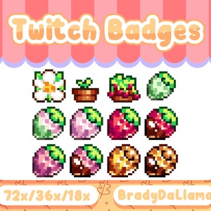 12 Strawberry Twitch Badges / Instant Download, Cute pink red strawberry flower blossom Twitch Sub badge