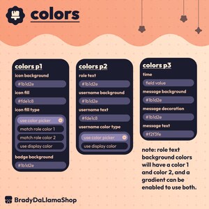 May include: An infographic titled "colors" with three dark blue panels detailing color codes for various elements. The panels list color codes like #1b1d2e and #fde1c8, with text such as "icon background" and "message text". The BradyDaLlamaShop logo is at the bottom.