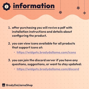 May include: A peach-colored graphic with the word "information" at the top. Below, numbered points detail product instructions, icon availability, and Discord server information. The BradyDaLlamaShop logo is at the bottom.