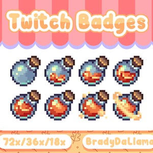 May include: Set of eight pixel art Twitch badges featuring different colored potion bottles in various sizes, 72x/36x/18x, by BradyDaLlama.