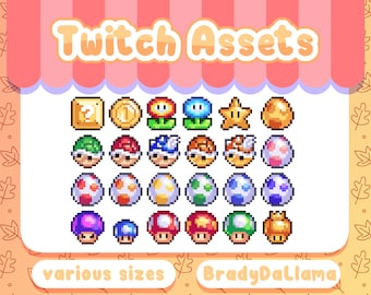 24個のマリオアイテムピクセルTwitchバッジまたはエモート/インスタントダウンロード、かわいいレトロゲームTwitch