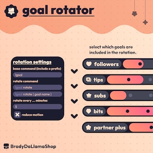 May include: A digital graphic with the text "goal rotator" at the top. The image shows settings for rotating goals, including followers, tips, subs, bits, and partner plus. The image also includes the text "BradyDaLlamaShop".
