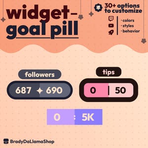 Könnte beinhalten: Grafik mit dem Text "widget-goal pill" und "30+ options to customize". Sie zeigt Follower- und Trinkgeldzählungen mit Optionen für Farben, Stile und Verhalten. Die Follower-Anzahl beträgt 687 und 690, und die Trinkgeld-Anzahl beträgt 0 und 50.