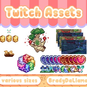 May include: A set of Twitch assets featuring pixel art graphics, including a tree with glowing red orbs, a set of gold coins, a rainbow-colored gem, a heart, and a set of shields. The text "Twitch Assets" is at the top of the image, and the text "BradyDaLlama" is at the bottom of the image.