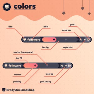 May include: An infographic titled "colors" with two progress bars labeled "followers." The bars are dark gray with pink and orange gradients, showing progress from 4 to 10. The background is a light peach color with decorative star shapes.