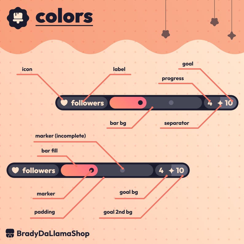 May include: An infographic titled "colors" with two progress bars labeled "followers." The bars are dark gray with pink and orange gradients, showing progress from 4 to 10. The background is a light peach color with decorative star shapes.
