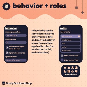 May include: A graphic with the text "behavior + roles" and information on message duration, message cap, and roles like broadcaster and moderator. The image also includes icons and the text "BradyDaLlamaShop."