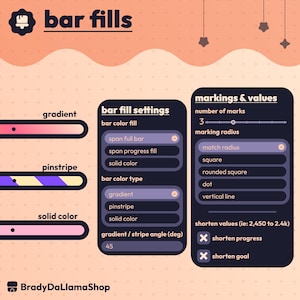 May include: A digital graphic illustrating bar fill settings and markings. The image features options for gradient, pinstripe, and solid color fills, along with settings for the number of marks, marking radius, and value shortening. The text "bar fills" is at the top.