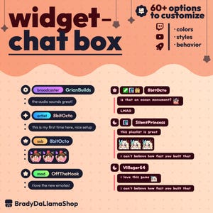 May include: A promotional graphic for a "widget-chat box" with examples of customizable features. The design features chat bubbles with user names and messages, along with the text "60+ options to customize" and options for colors, styles, and behavior.
