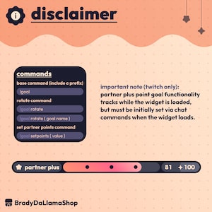 May include: A digital graphic with the word "disclaimer" at the top. Below, a dark box lists commands like "!goal" and "!goal rotate." A progress bar shows "partner plus" with a score of 81 out of 100. The image includes text about Twitch functionality.