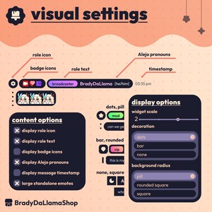 May include: A digital interface graphic with the text "visual settings." It features options for display, content, and role icons. The interface includes options for dots, bars, and rounded squares. The text "BradyDaLlamaShop" is at the bottom.