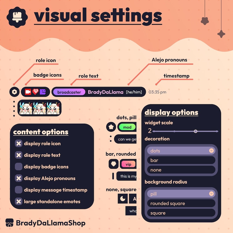 May include: A digital interface graphic with the text "visual settings." It features options for display, content, and role icons. The interface includes options for dots, bars, and rounded squares. The text "BradyDaLlamaShop" is at the bottom.