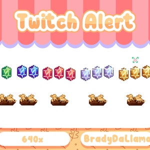 May include: A Twitch alert graphic with a pink and orange awning and the text "Twitch Alert". The graphic features a variety of pixelated gems in different colors, including green, blue, purple, red, and gold. The graphic also features a pixelated flower and a series of pixelated brown objects that resemble shoes. The text "640x" and "BradyDaLlama" are also included in the graphic.