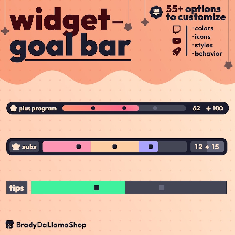 May include: A graphic showing three progress bars with the text "widget-goal bar." The top bar is labeled "plus program" and shows progress. The middle bar is labeled "subs," and the bottom bar is labeled "tips."