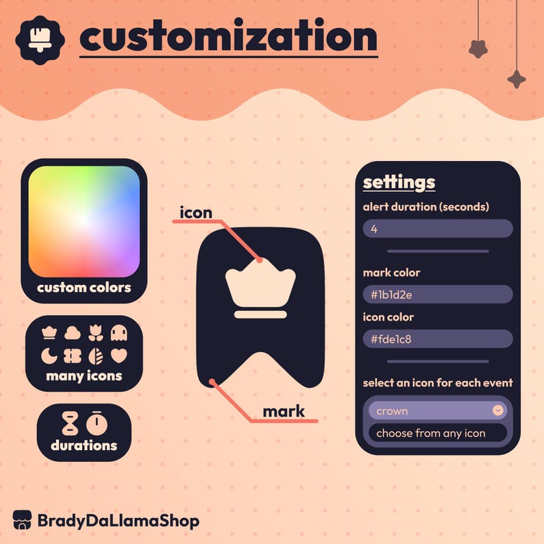 May include: An infographic about customization options, featuring a crown icon and the text "customization." Options include custom colors, many icons, and durations. Settings include alert duration, mark color, and icon color. The text "BradyDaLlamaShop" is at the bottom.
