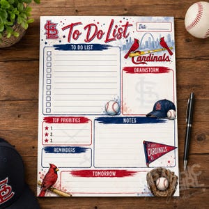 May include: A St. Louis Cardinals themed paper to-do list notepad featuring a baseball motif, including illustrations of a cardinal bird, a baseball, a cap, a glove, and a pennant. The layout includes sections for a to-do list, top priorities, notes, and reminders.