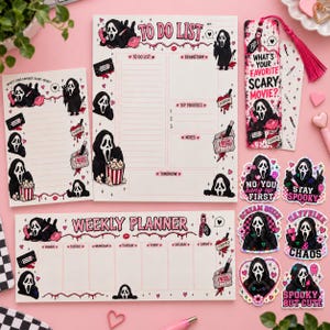 May include: A stationery set featuring a to-do list, a weekly planner, a bookmark, and stickers with a horror movie theme. The items are decorated with illustrations of a masked figure, pink hearts, and text including "What's Your Favorite Scary Movie?"