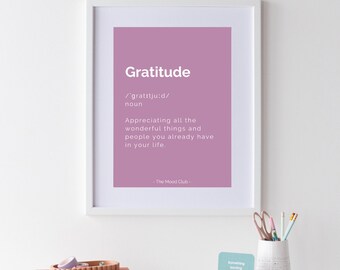 Gratitude definition A3 lilac poster/motivational wall art/colorful print/housewarming gift/happy poster/positive wall art