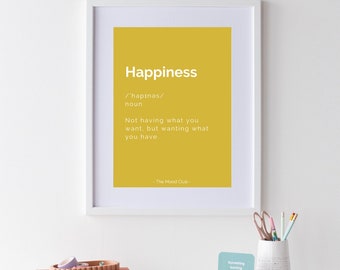 Happiness definition A3 yellow wall art poster/motivational print/office print/children room gift/happy poster/positive wall art