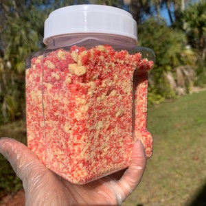 Puede incluir: Un recipiente de pl&aacute;stico transparente lleno de migas rojas y amarillas. El recipiente tiene una tapa blanca. Las migas parecen ser un producto alimenticio. El recipiente se sostiene contra un fondo de &aacute;rboles verdes y cielo azul.