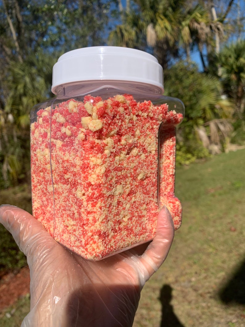 Puede incluir: Un recipiente de pl&aacute;stico transparente lleno de migas rojas y amarillas. El recipiente tiene una tapa blanca. Las migas parecen ser un producto alimenticio. El recipiente se sostiene contra un fondo de &aacute;rboles verdes y cielo azul.