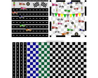 May include: A set of three race track designs for a playroom or classroom. The first design is a black and white checkered pattern. The second design is a black and white checkered pattern with a green and blue checkered pattern. The third design is a black and white race track with dashed lines and a finish line.
