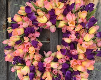22" Tulip Wreath, Peach, Pink, Purple Front Door Decor