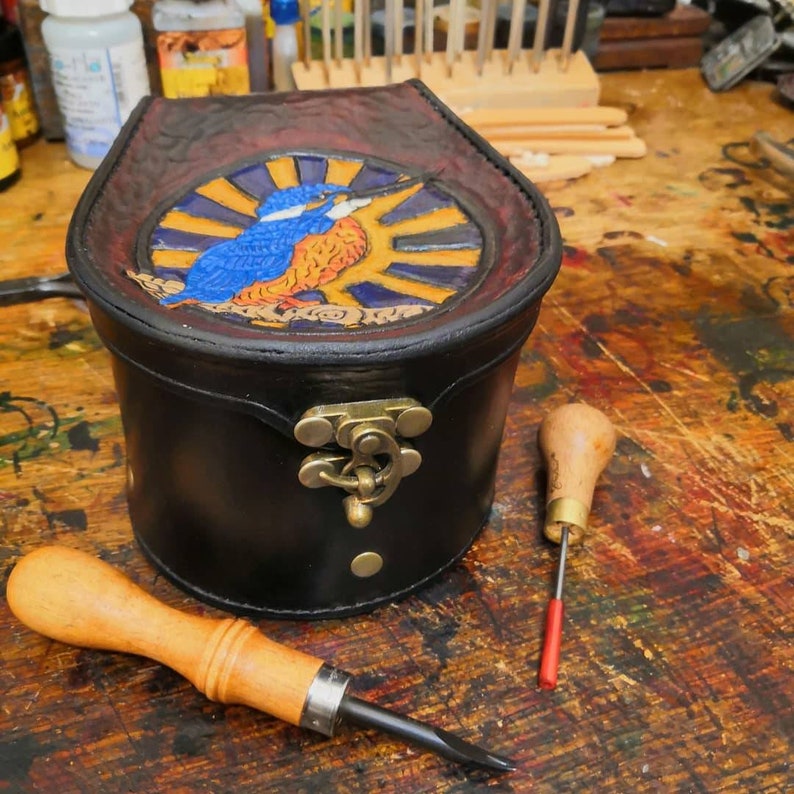 Leather Bespoke Fishing Reel Cover With Kingfisher Carved in the Top