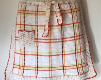 Retro Vintage Handmade APRON Orange Brown Lemon Check Floral on Cream Cotton Crochet Pocket Edges & Long Ties NEW DEADSTOCK