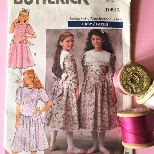 BUTTERICK Sew Pattern 3265 Girls Robe non coupée Taille 7 8 10 Ans (poitrine 66cm / 26 « - 73cm / 28.5 ») Demoiselle d’honneur Fête Fleur-Fille Couture 1989