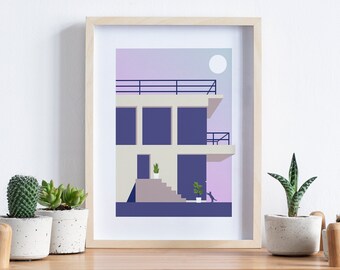 BRUTALIST CAT 02 - Sunset Architecture Minimalist Mid-century Modern Screen print Style Giclee Print Poster