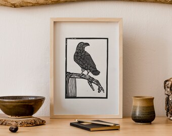 RAVEN LINOCUT PRINT - Odin - Edgar Allan Poe - Skeleton Macabre - Signed Edition of 40