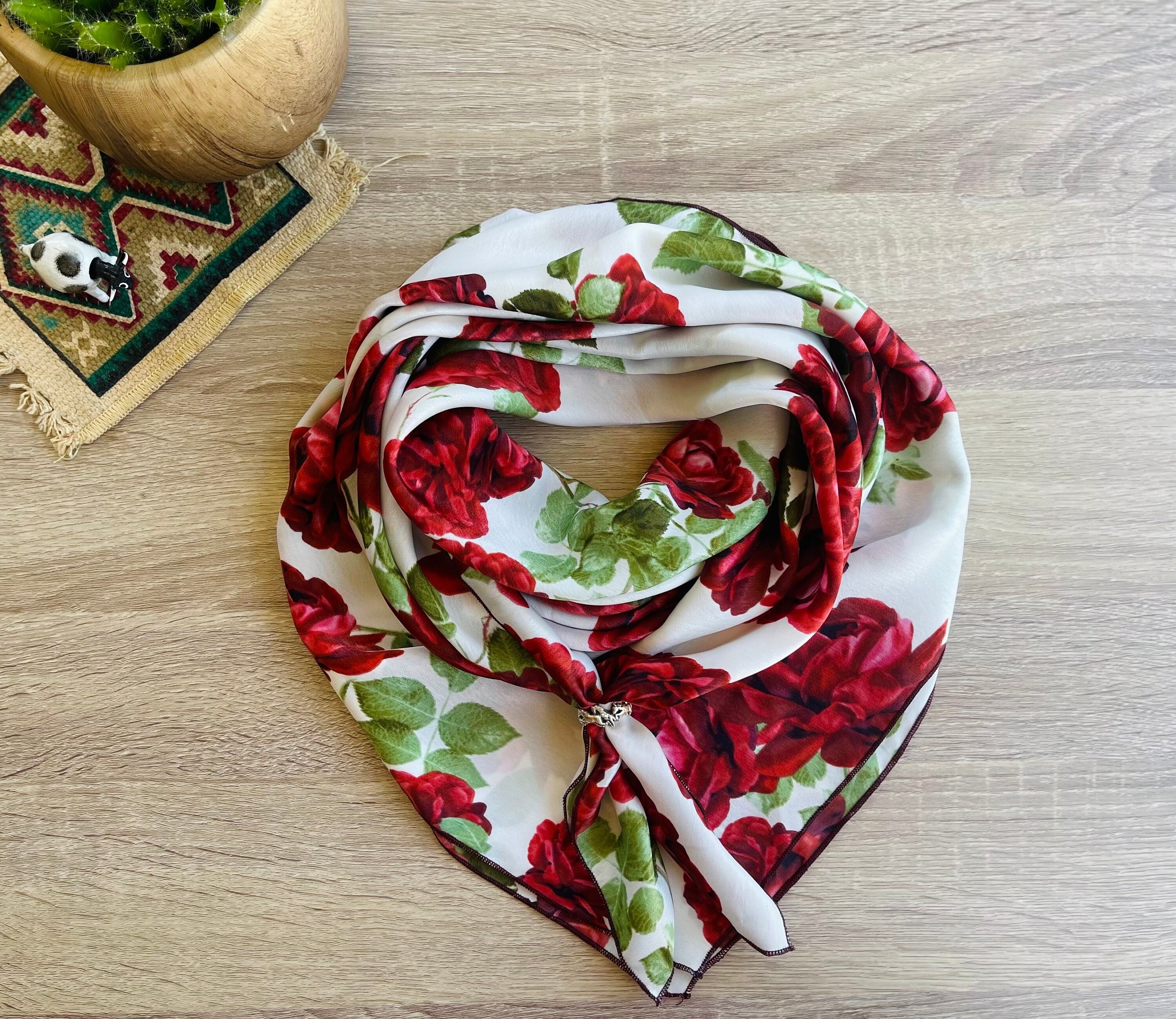 Beautiful Reversible Red Floral & Black Dot Silk Square Head Scarf
