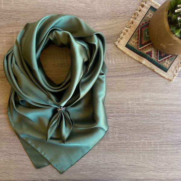 SILKY SCARF WILDRAG - Muted Green color / Hair covering / western scarf / curly hair care / hand made silky poly satin / wildrag