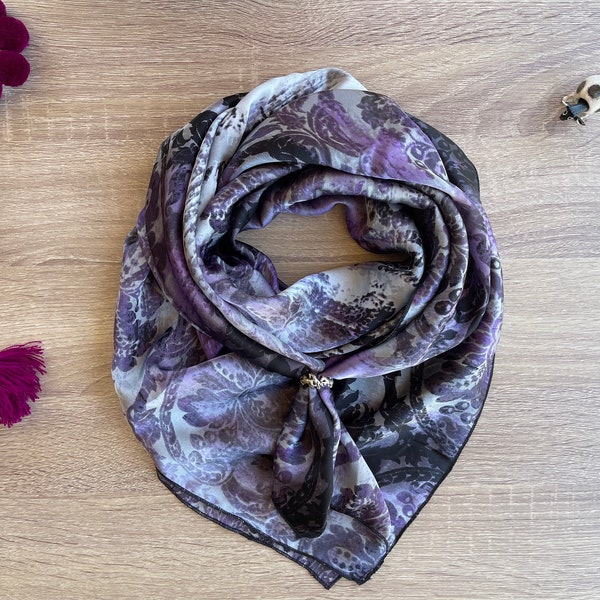 SILKY SCARF WILDRAG -  Gray and purple paisley / Hair covering / western scarf / curly hair care / hand made silky poly satin / wildrag