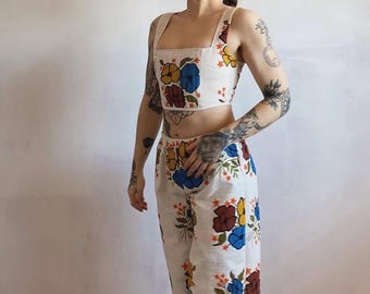 Big Print Floral Linen Overbust Crop Corset