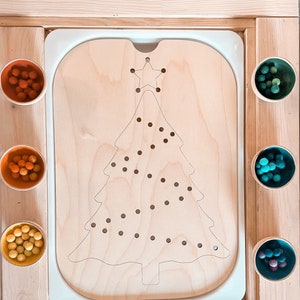 Wooden ikea flisat sensory bin bare winter holiday Christmas  tree insert cover- Montessori learning- seasons - winter