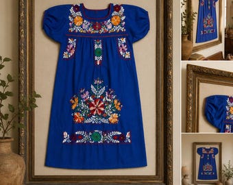 Vintage Hand Embroidered Mexican Dress Blue Floral Folk Art Dress Puebla Style Embroidered Tunic Boho Festival Dress Medium