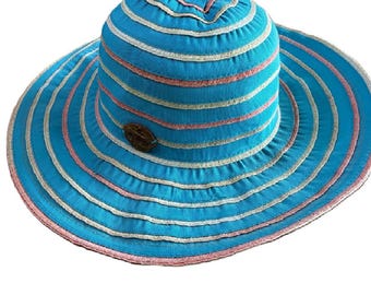 Panama Jack Wide Brim Sun Hat Turquoise Blue Coral Striped Beach Hat Womens One Size Resort Wear Summer Hat