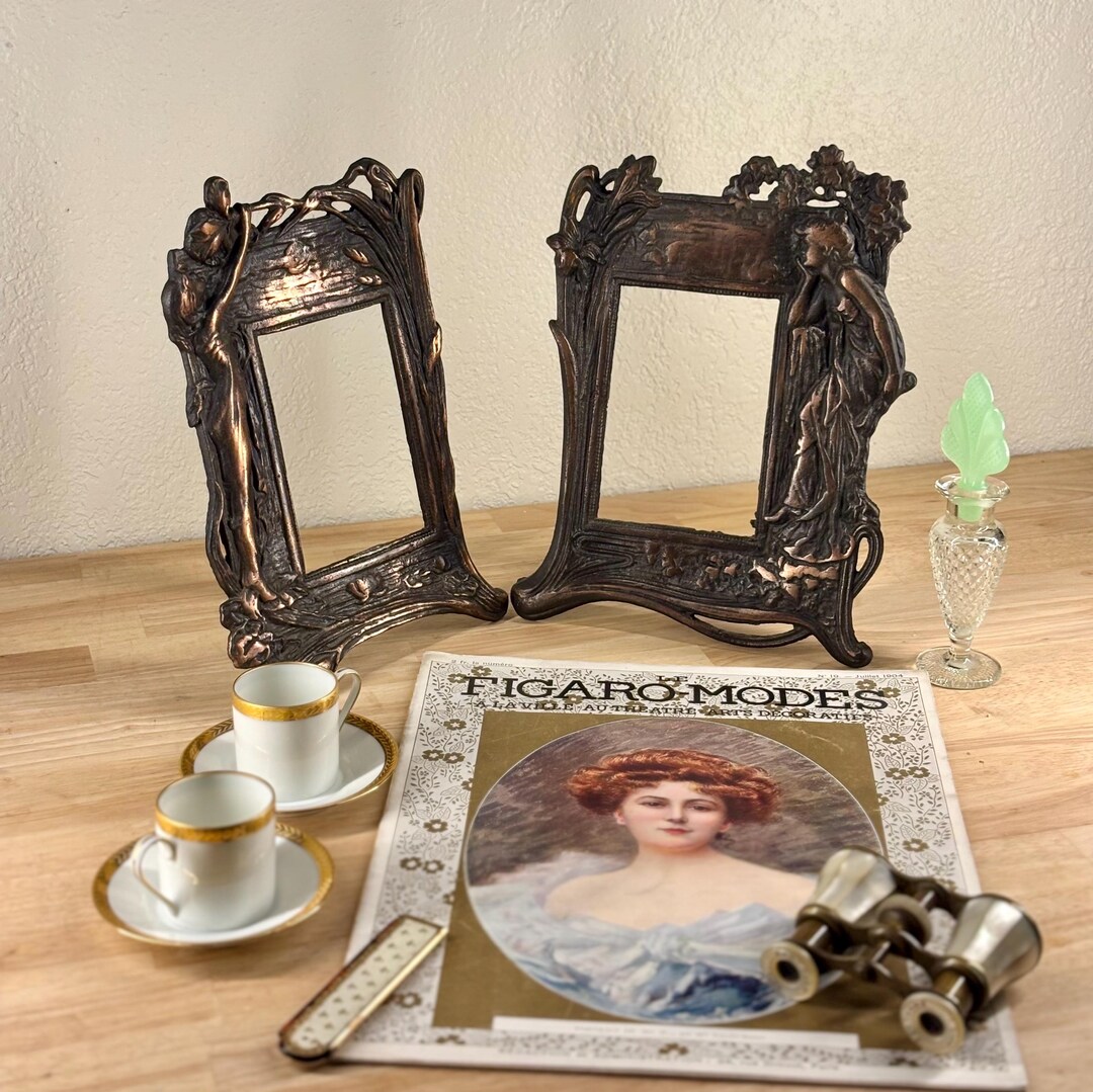 Art Nouveau Figural Metal Picture Frames Set (2), Ornate Vintage Style ...