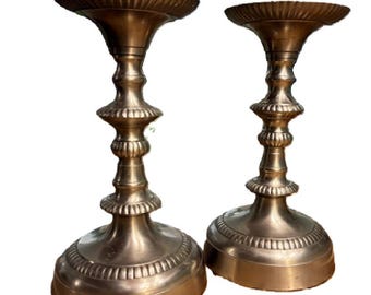 Vintage Heavy Metal Candlestick Holders Pair Pewter Tone Brass Copper Interior Threaded Architectural Candleholders