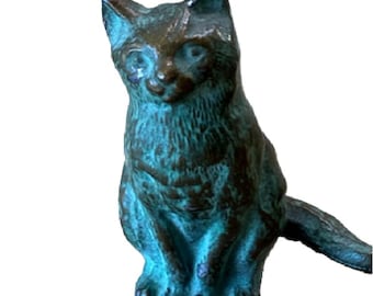 Vintage Miniature Cat Figurine Bronze Brass Hollow Cast Green Patina Animal Statue