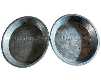 Vintage Bradley’s Pies Embossed Pie Tins Set of 2 Metal Bakery Pie Plates Farmhouse Decor Advertising Bakeware Primitive Rustic kitchen
